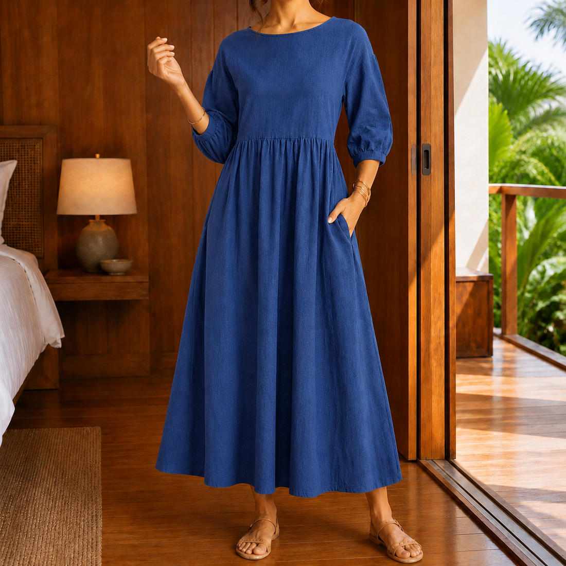 Thalia Gathered Maxi Dress - Blue