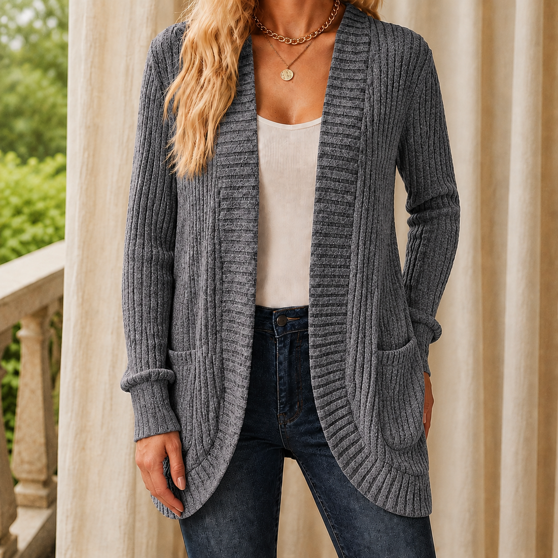 Evelina Ribbed Cardigan - Lead Color