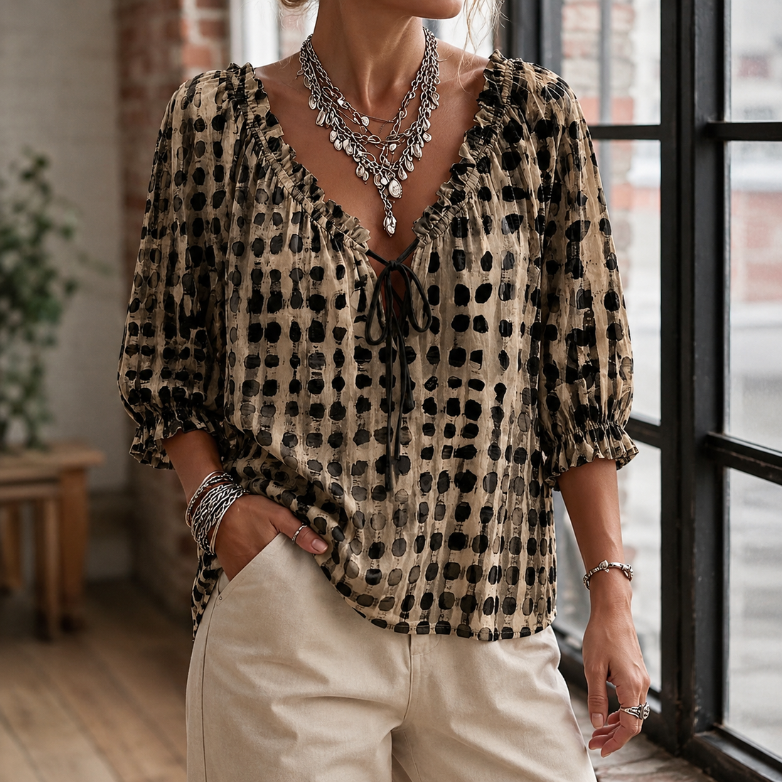 Noelle-Faye Tie Neck Blouse - Brown