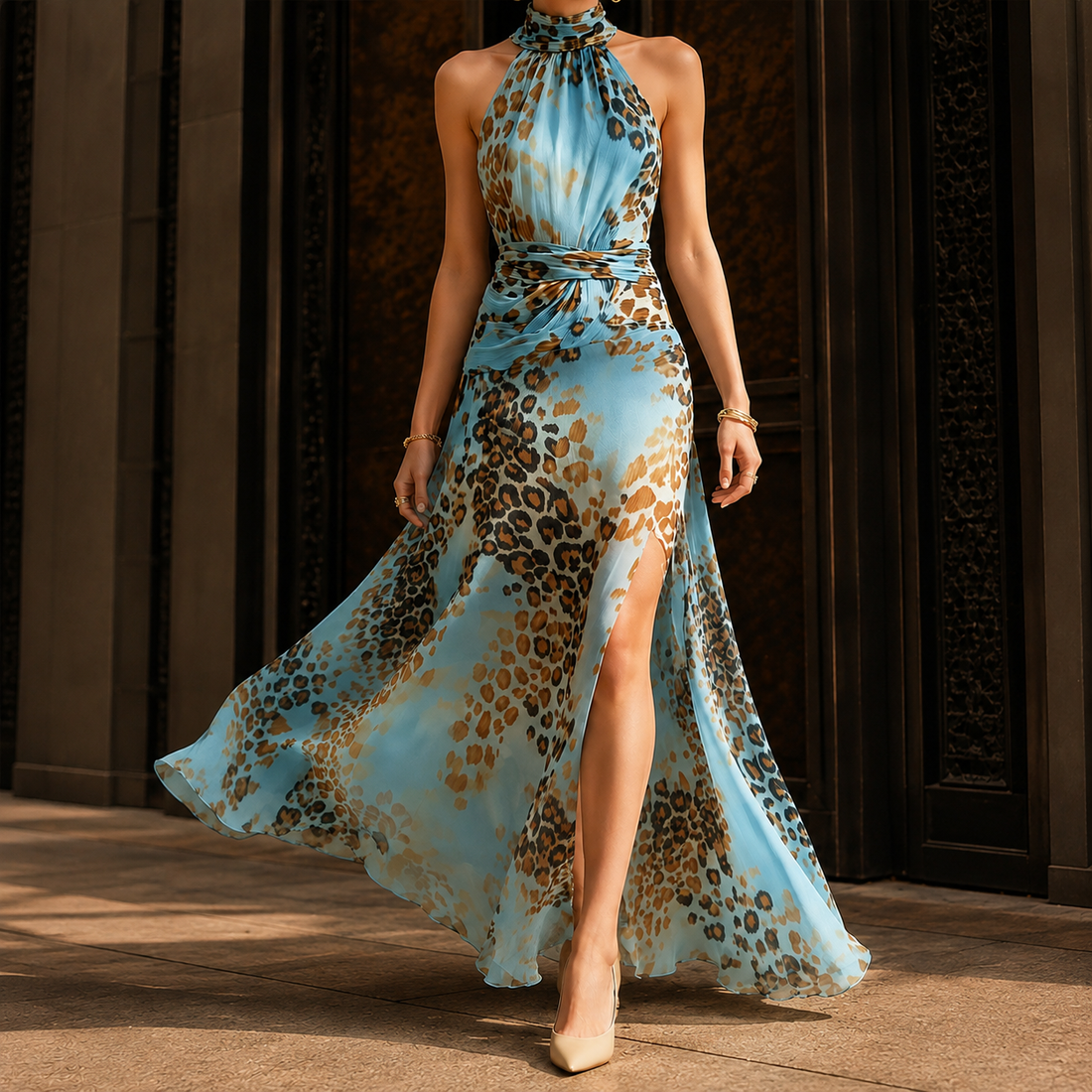 Yara Leopard Maxi Dress - Light Blue Leopard Print
