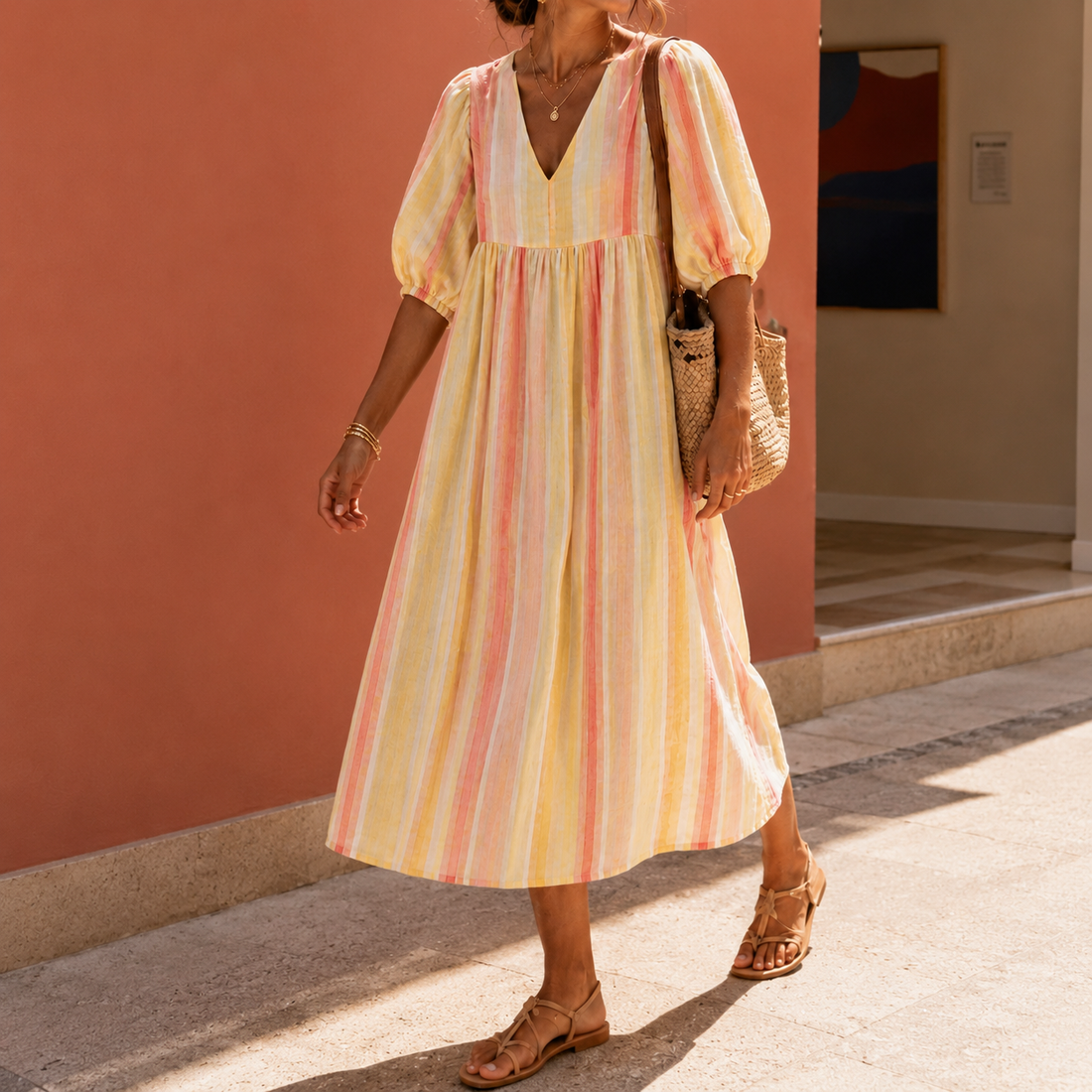 Violetta Striped Midi Dress - Orange