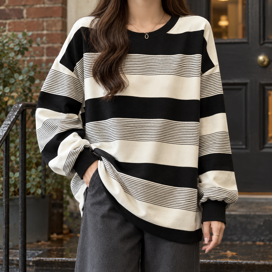 Annika-Pearl Striped Top - Black Stripes