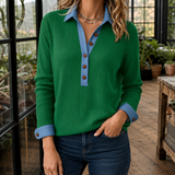 Freya-Belle Ribbed Polo Sweater - Green
