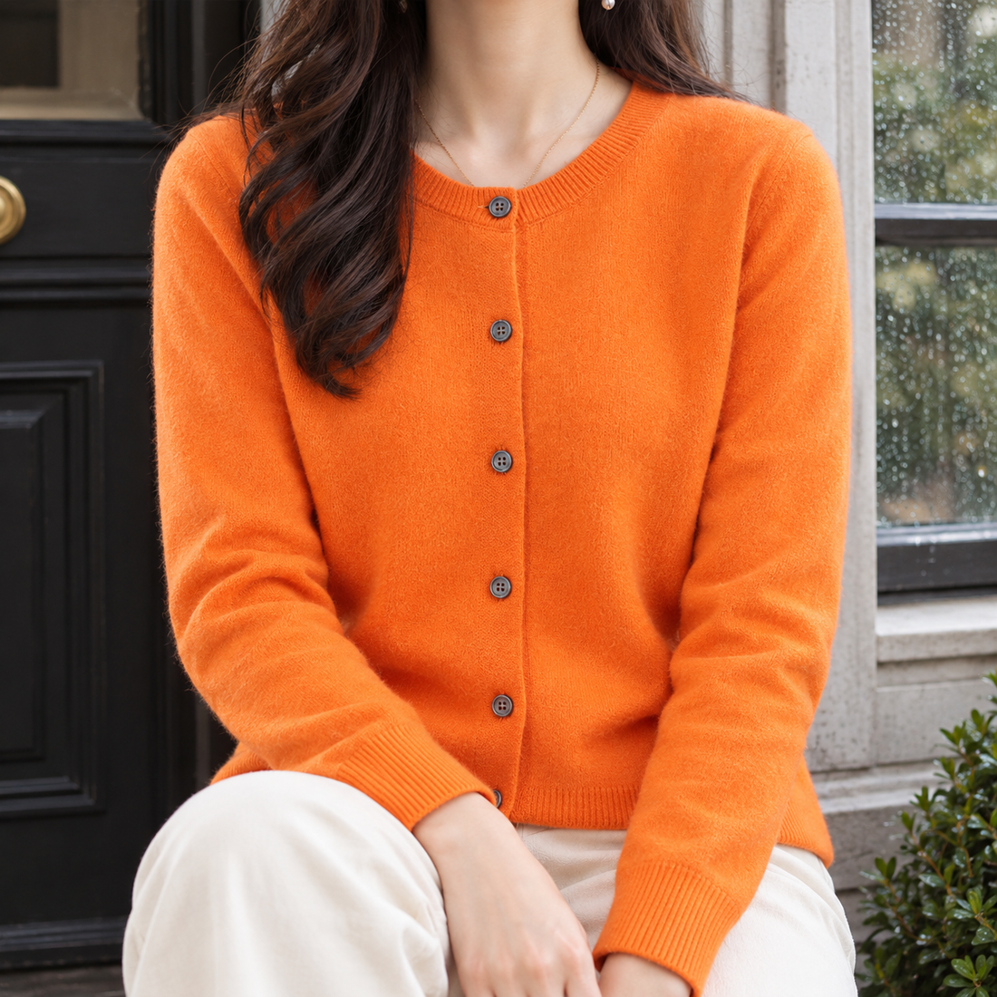 Lorelai-Sage Round Neck Cardigan - Orange