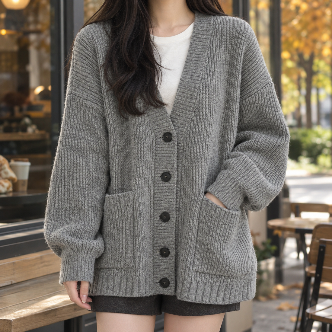 Lauren-Elise Ribbed Cardigan - Gray