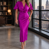 Selene-Pearl Twist Midi Dress - Purple