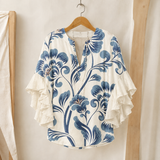Maeve Ruffle Sleeve Blouse - White Blue