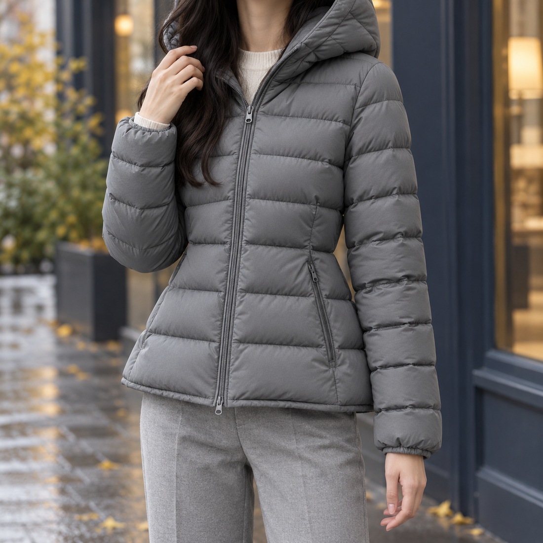 Carina-Pearl Cinched Puffer Jacket - Phantom Gray