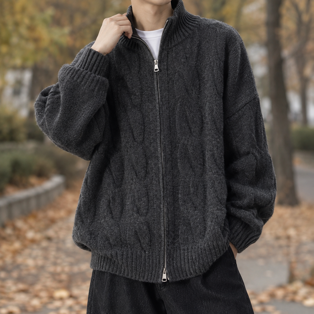 Blaise-Grant Cable Knit Cardigan - Gray