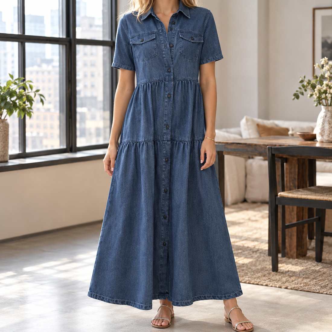 Delphine-Jade Tiered Denim Dress - Dark Blue