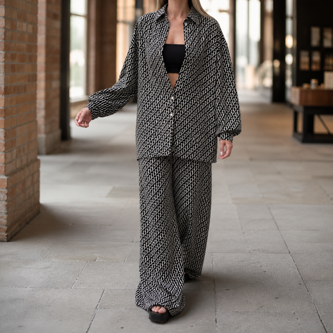 Ophelia Geometric Pants Set - Black