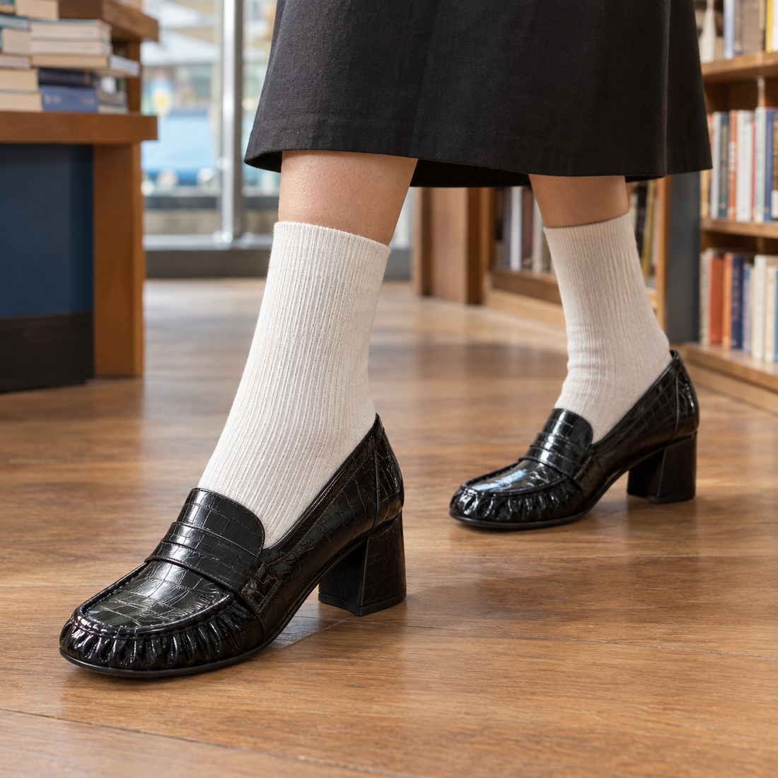 Lodovici Block Heel Loafers - Black Crocodile Pattern