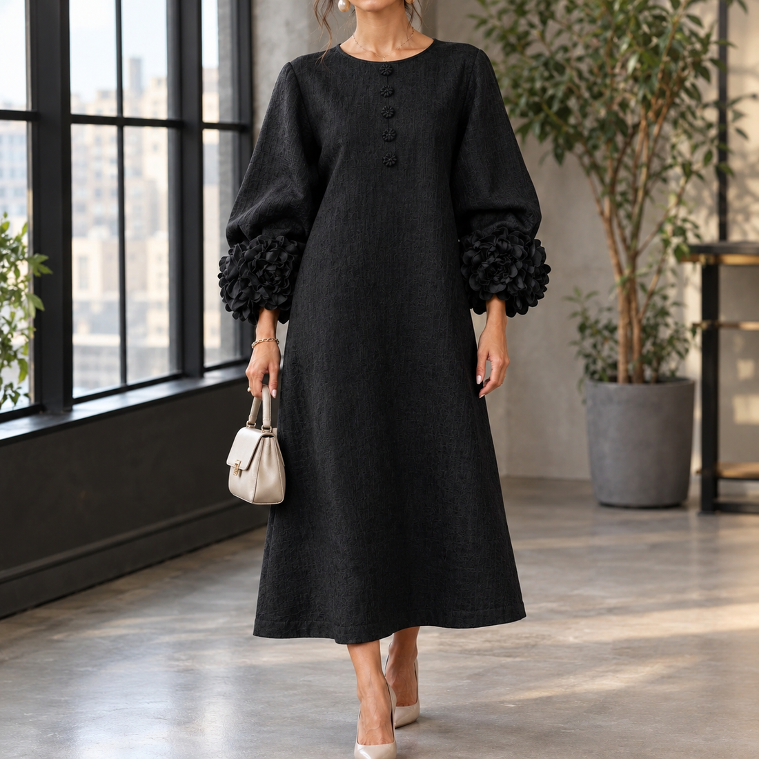 Estella-Eve Floral Cuff Dress - Black