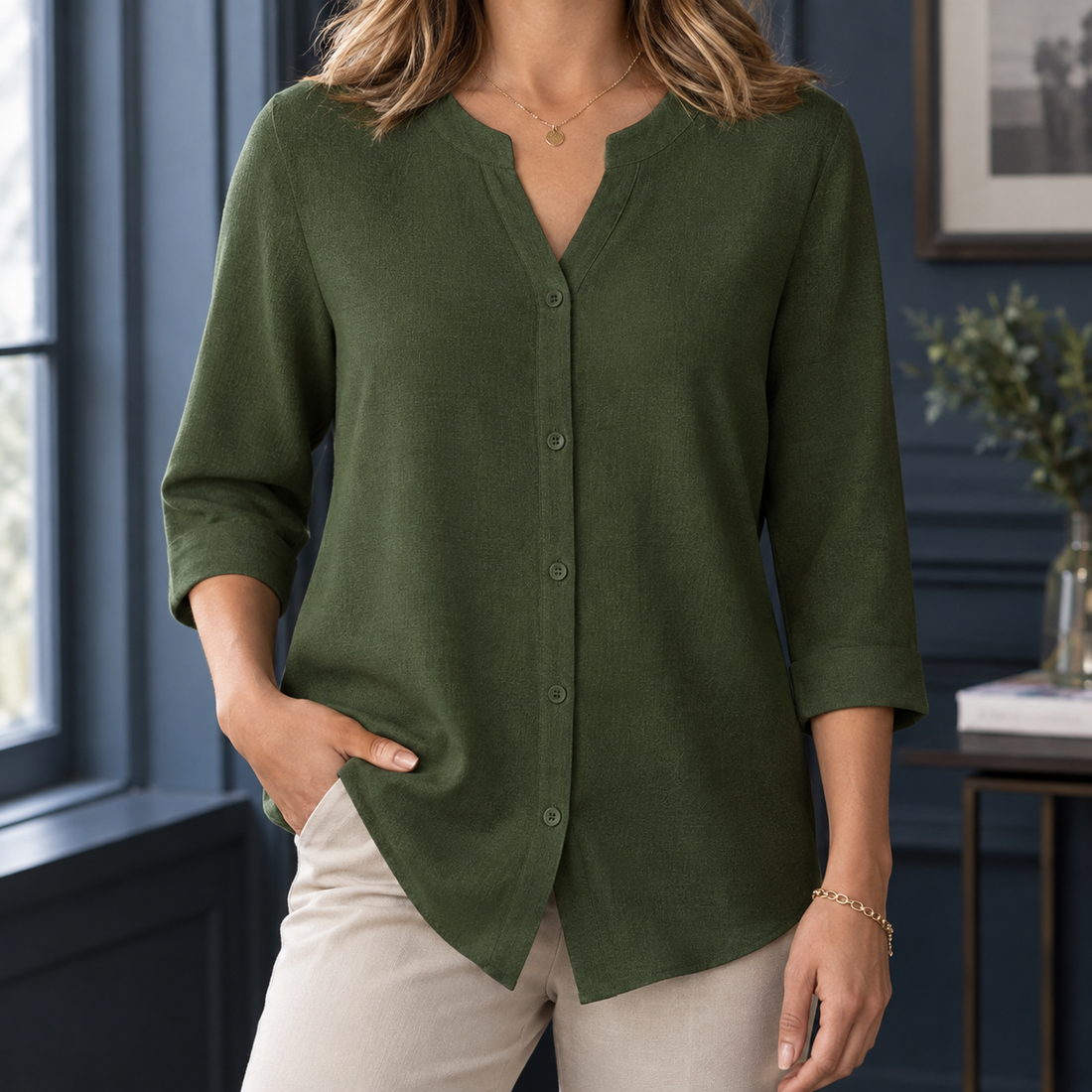 Annabelle Split Neck Top - Army Green