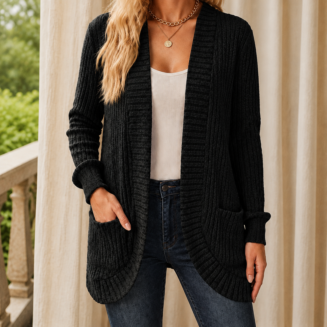 Evelina Ribbed Cardigan - Black