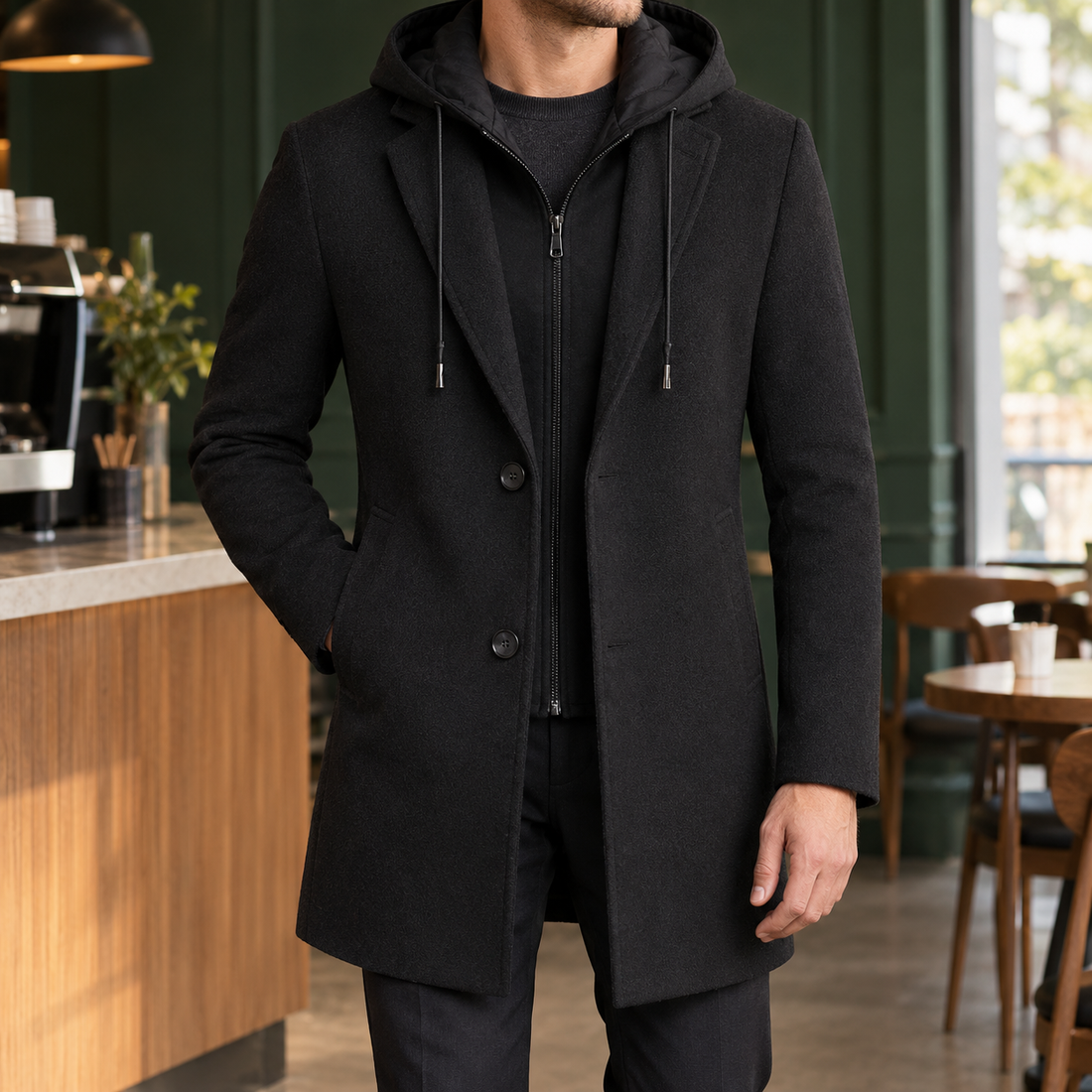 Kieran Hooded Wool Coat - Black