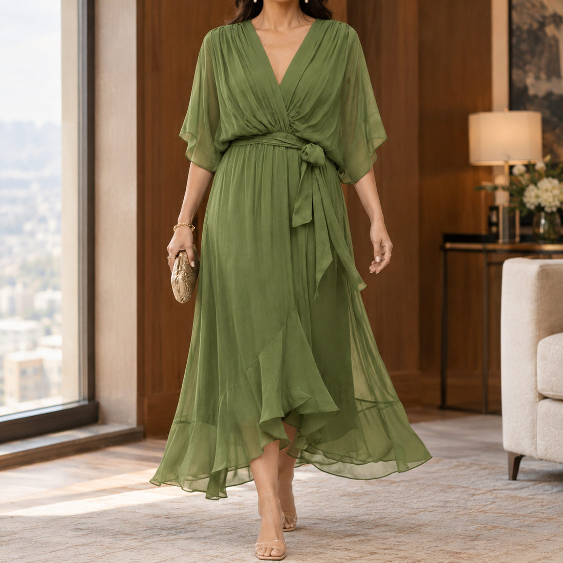 Elena-Eve Asymmetric Midi Dress - Green