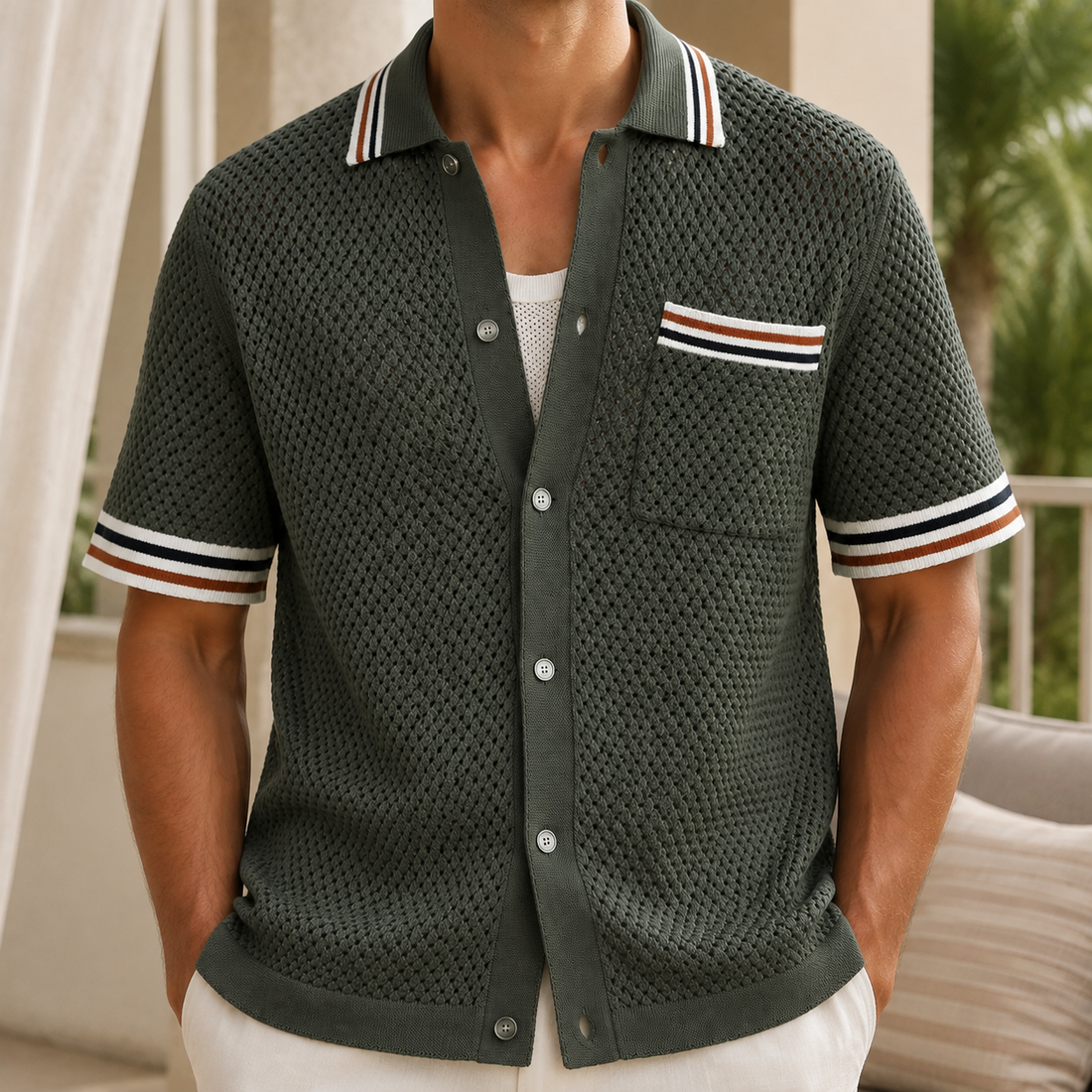 Oberon Open-Knit Polo - Army Green