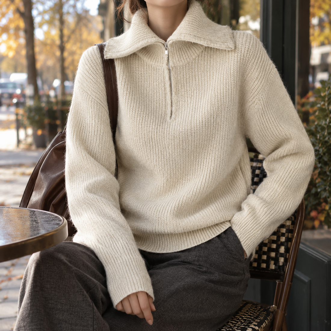 Xaviera-Sage Zip Neck Sweater - Off White