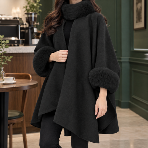 Alba-Eve Plush Trim Cape - Black