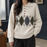 Alina-Sage Argyle Sweater - White