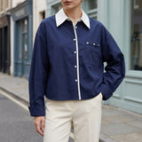 Vivienne Contrast Collar Top - Navy Blue