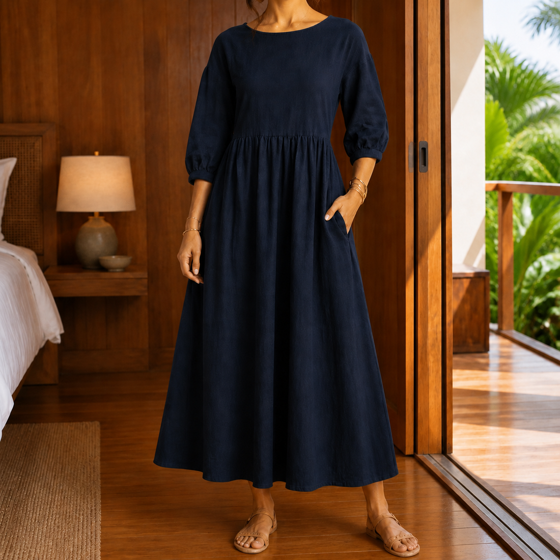 Thalia Gathered Maxi Dress - Navy