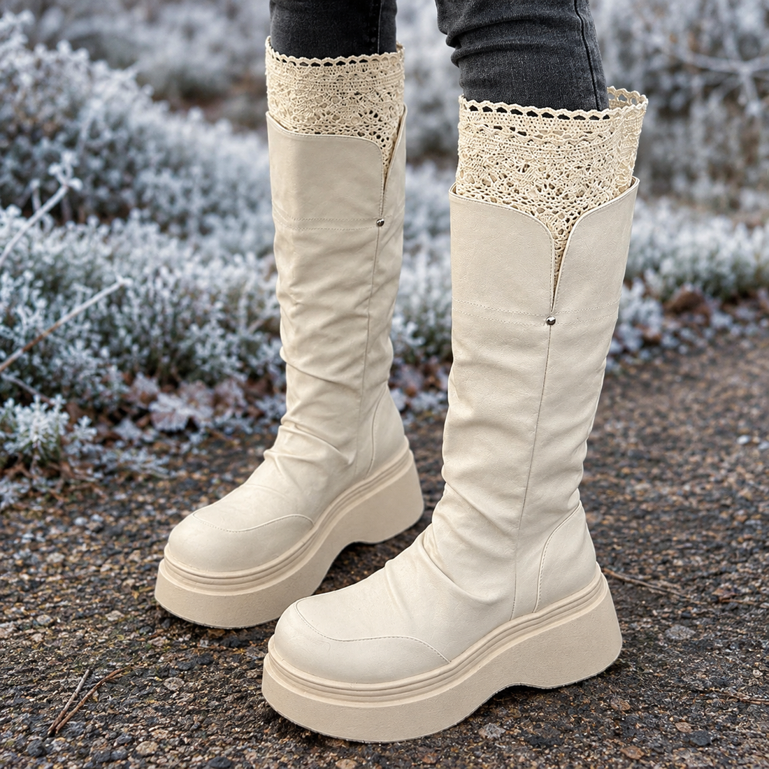 Lecce-Garda Lace Trim Boots - Off White