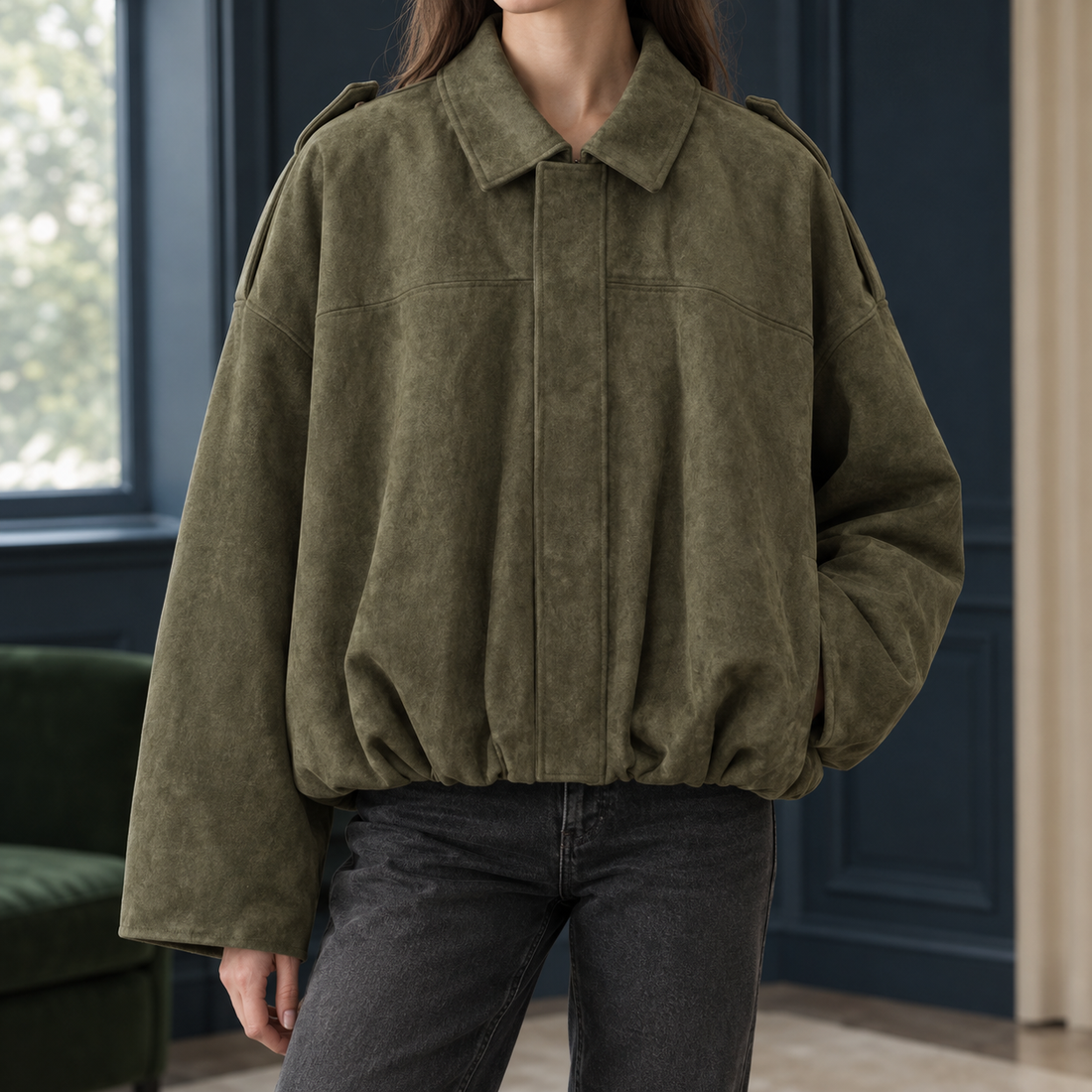 Erin Suede Bomber Jacket - Army Green