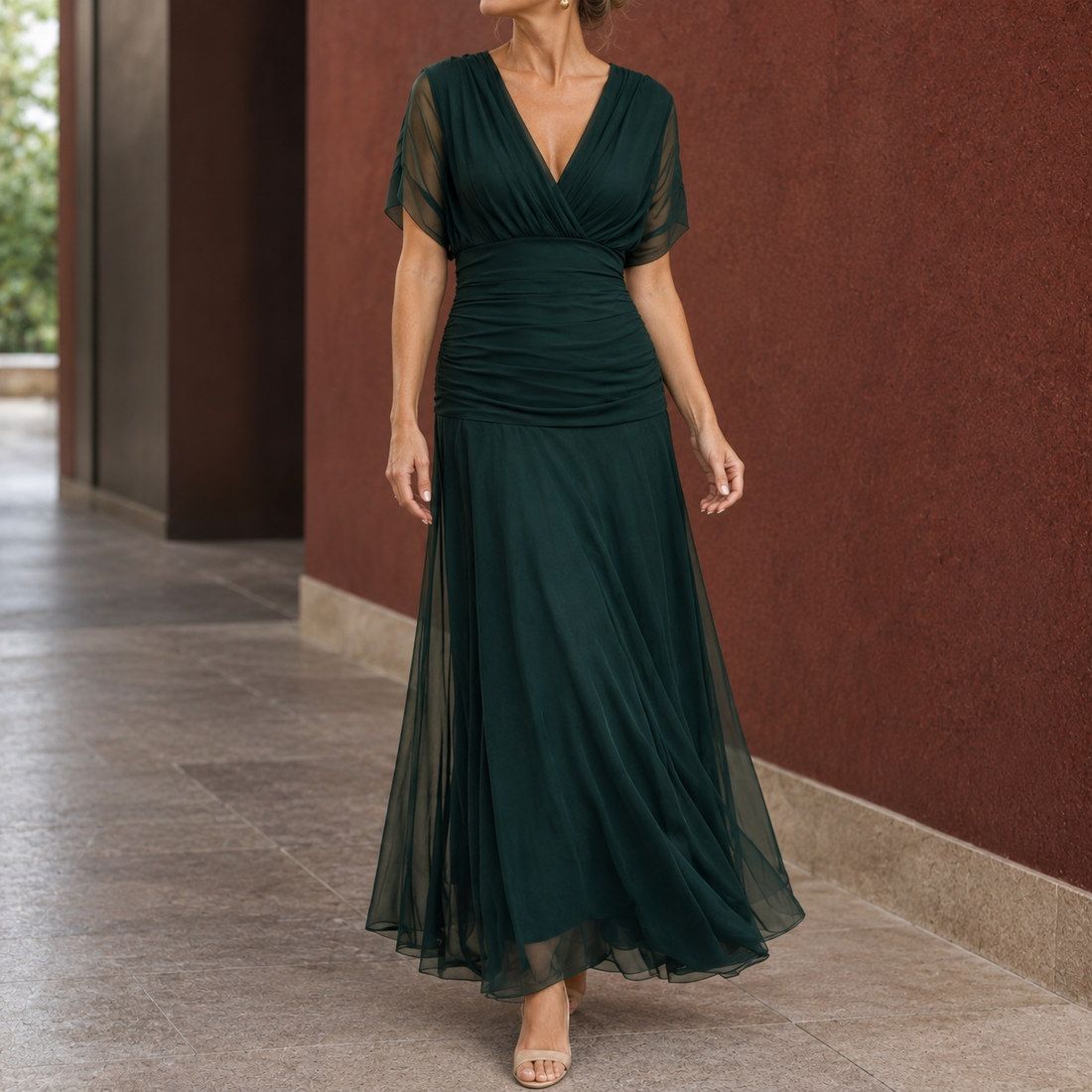 Serena-Pearl Draped Maxi Dress - Dark Green