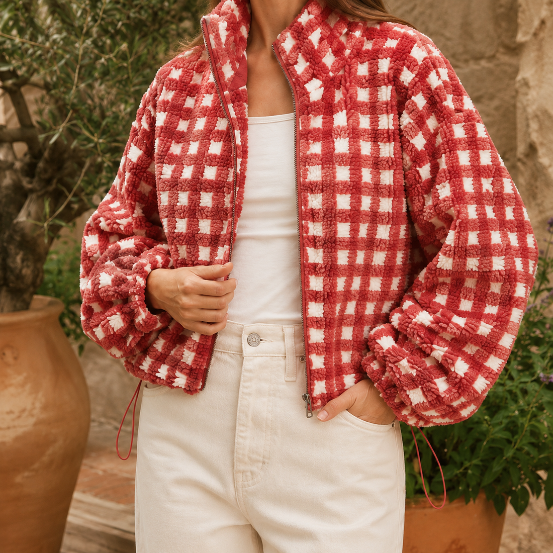 Cleo Check Fleece Jacket - Teracotta Check