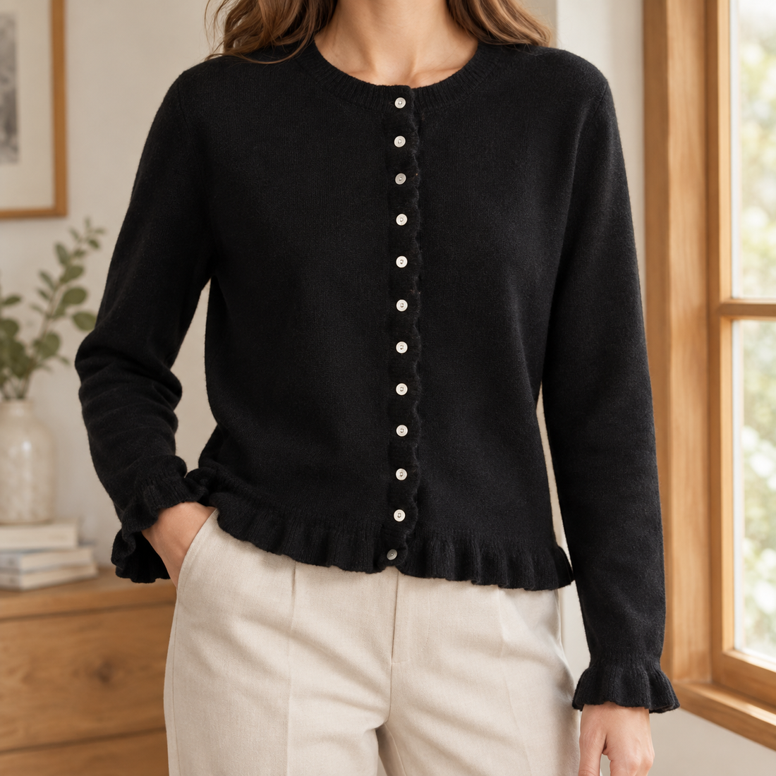 Valentina-Lane Ruffle Cardigan - Black