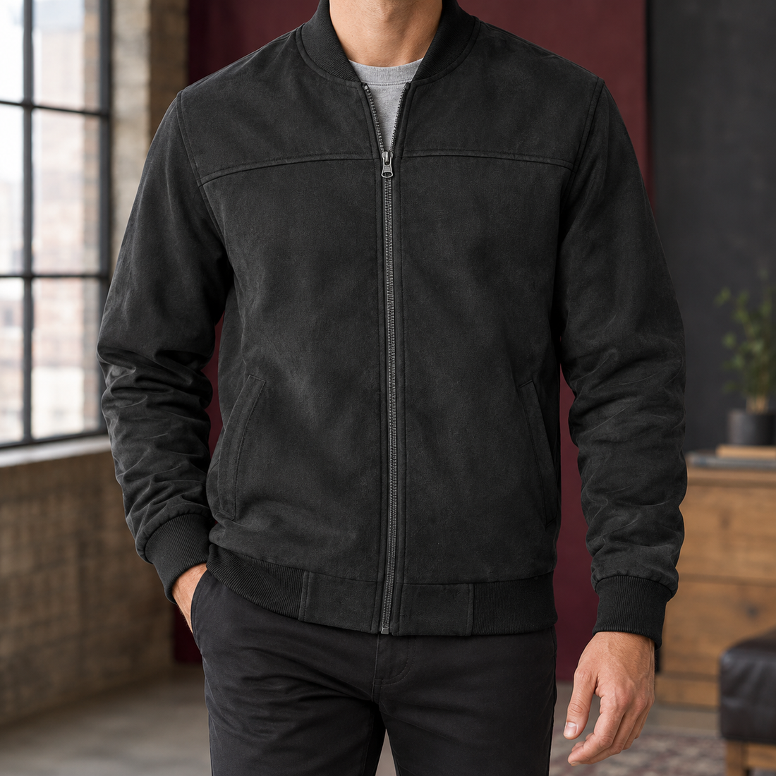Norbert Suede Bomber Jacket - Black