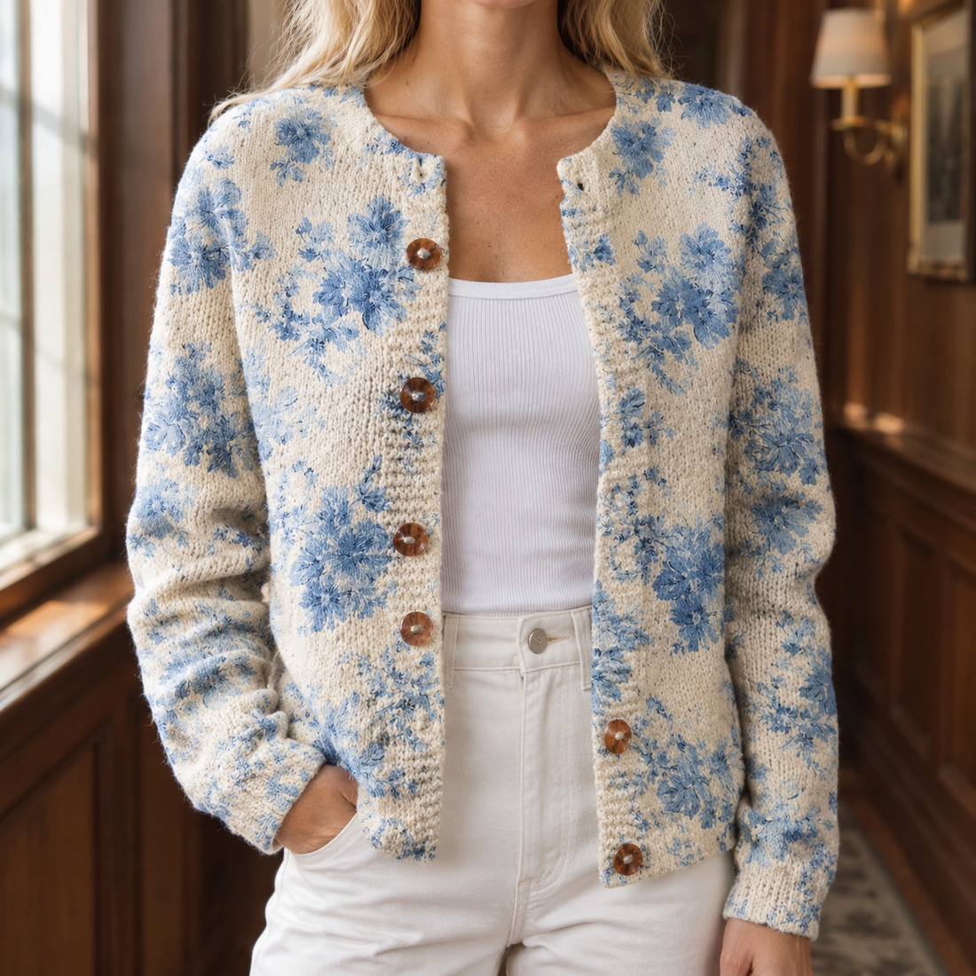 Francesca-Rose Floral Cardigan - Cream Blue Floral