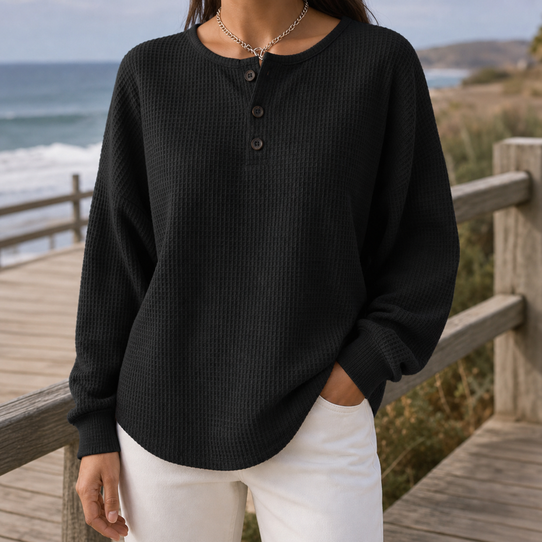 Yvette-June Waffle Top - Black