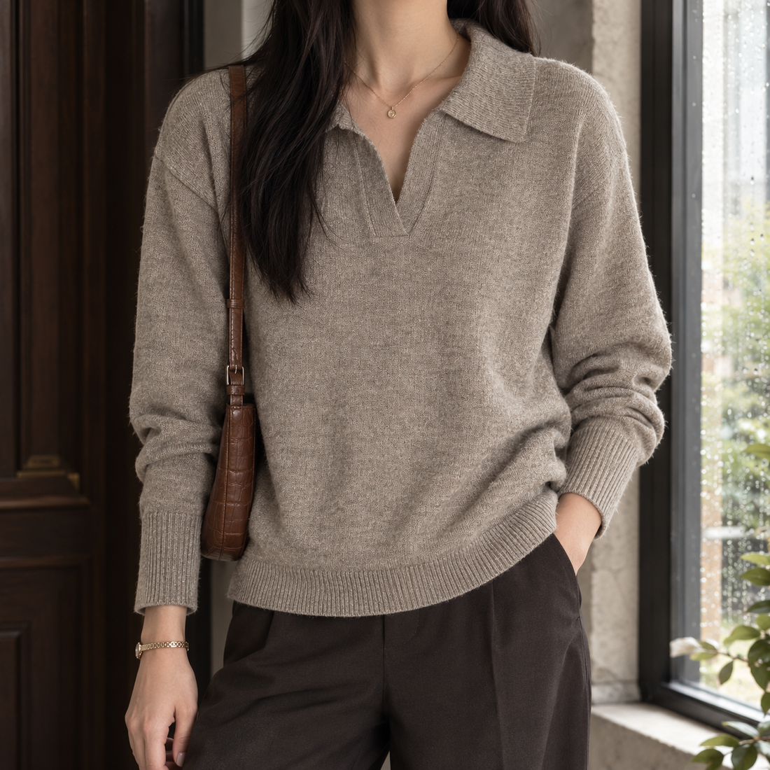 Briony-Hope Polo Collar Sweater - Khaki