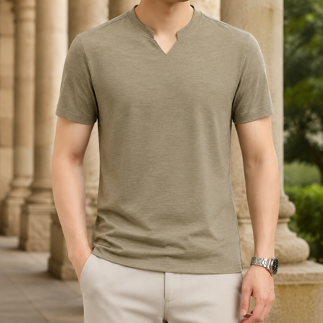 Francis Split Neck T-Shirt - Khaki