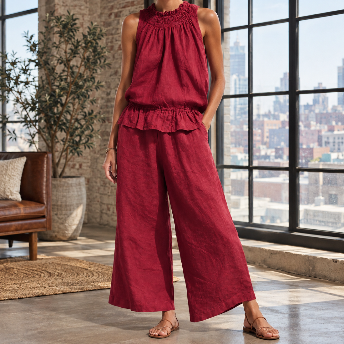 Paige Ruffled Set - Wine Red