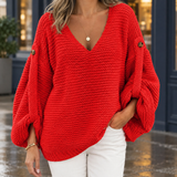 Angelique-Claire V Neck Sweater - Red