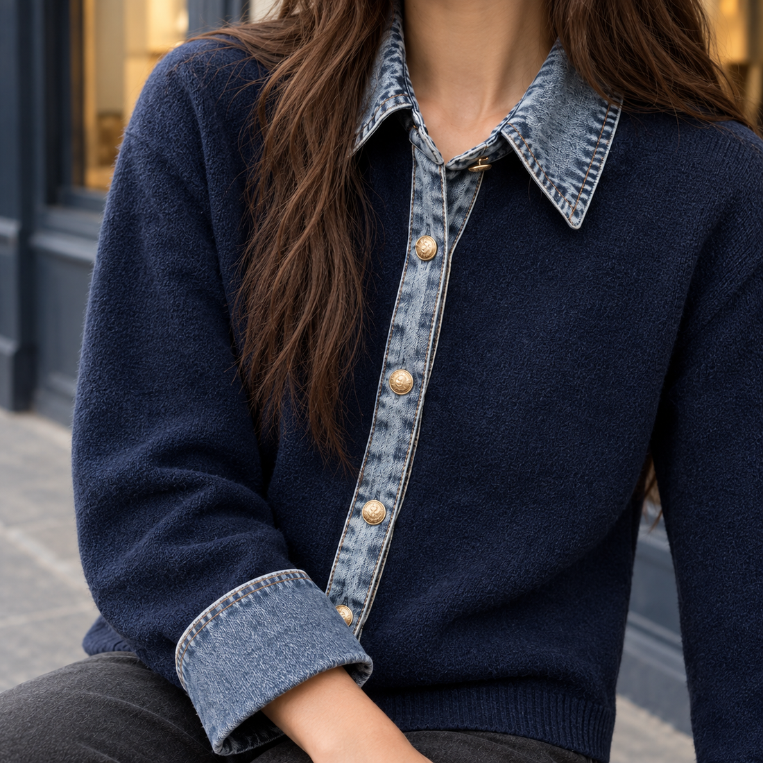 Azalea-Elise Denim Trim Cardigan - Lead Product Detail