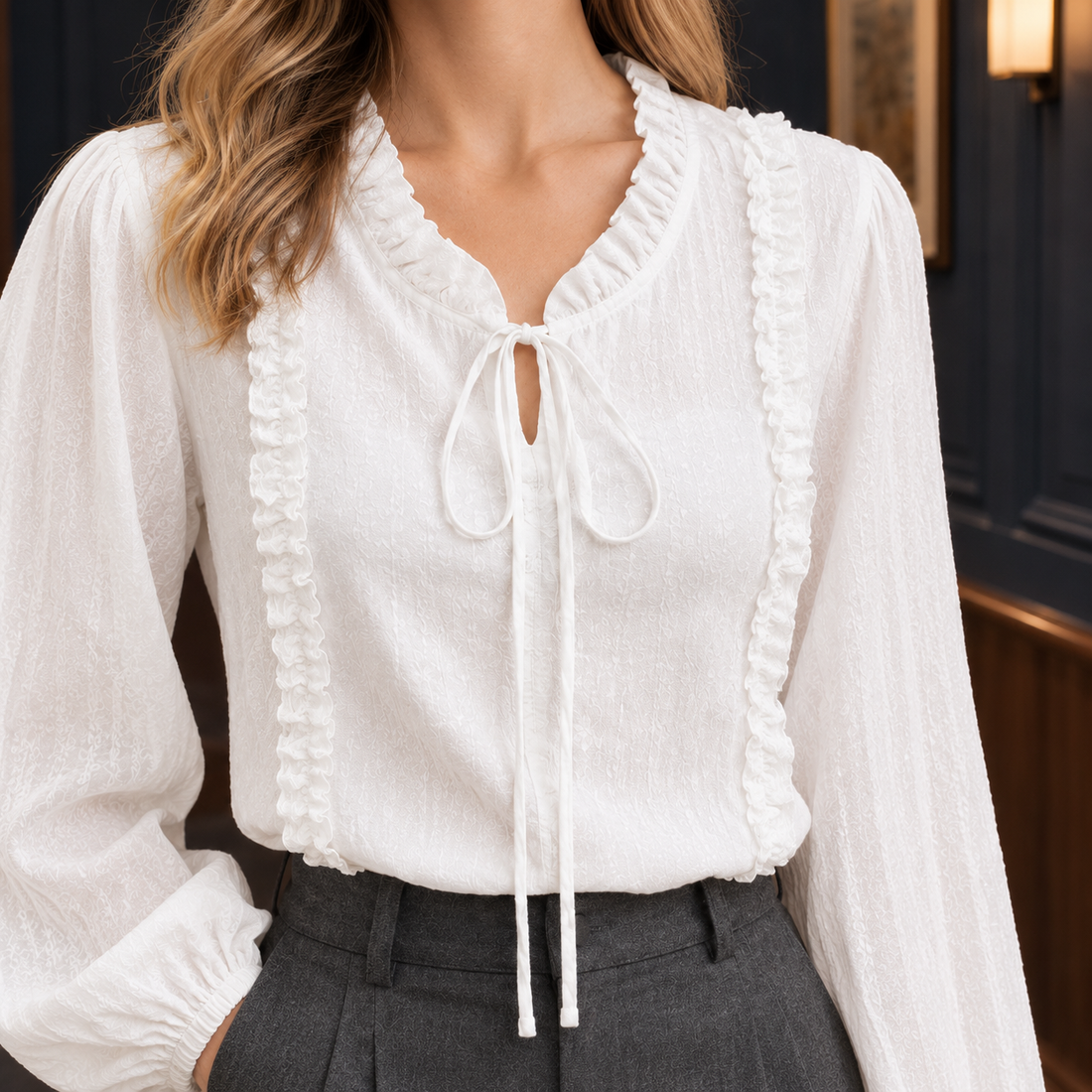Camille-Belle Ruffle Tie Blouse - Lead Product Detail