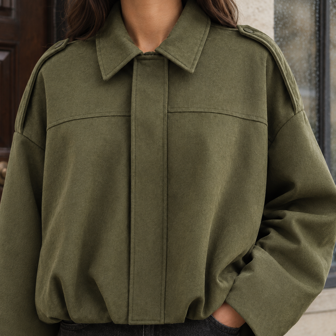 Serena-Mae Suede Bomber Jacket - Lead Product Detail