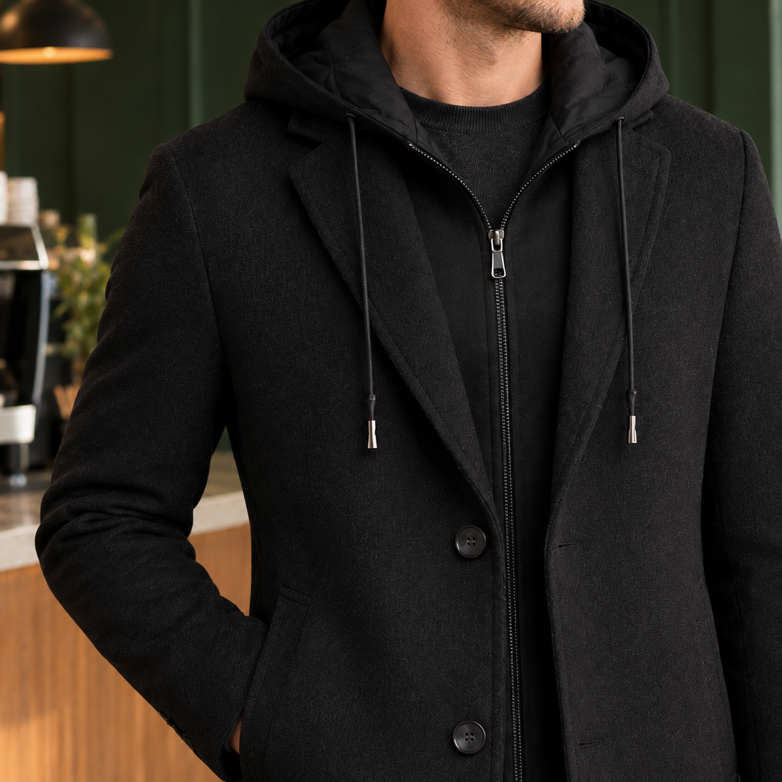 Kieran Hooded Wool Coat - Lead Product Detail