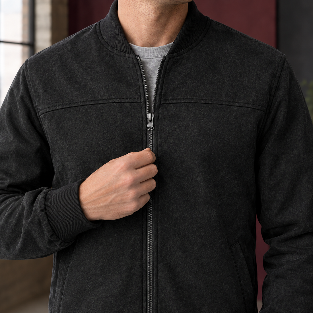 Norbert Suede Bomber Jacket - Lead Product Detail