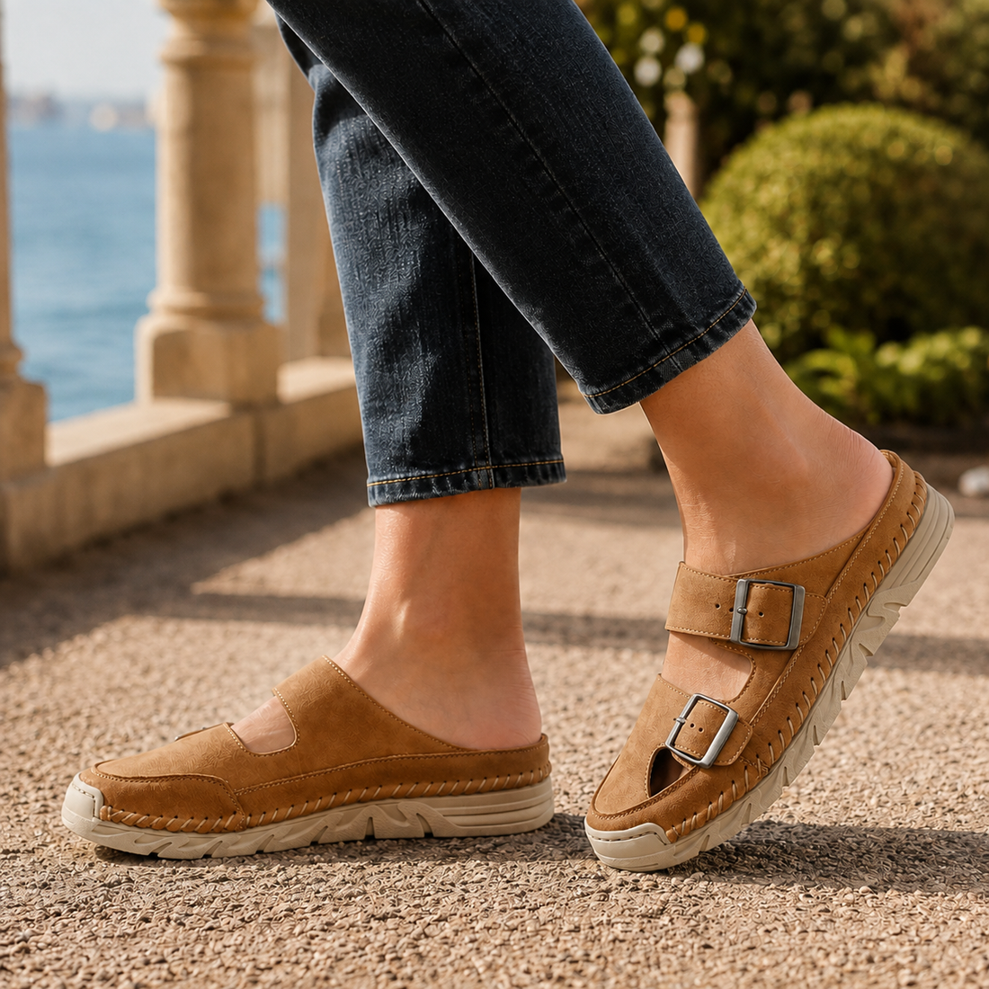 Napoli Buckle Mules - Khaki