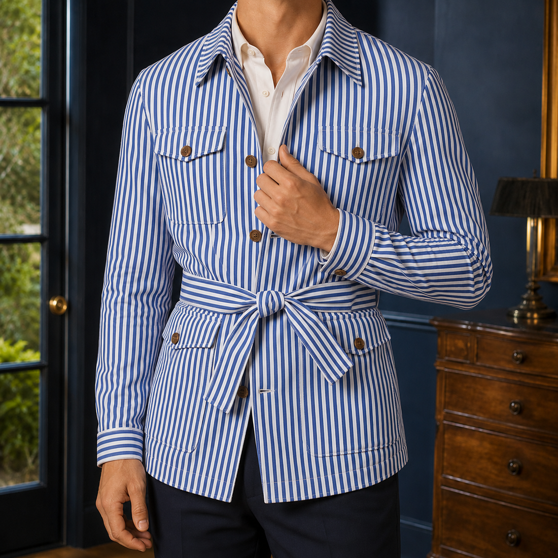 Cassian Striped Safari Jacket - Blue
