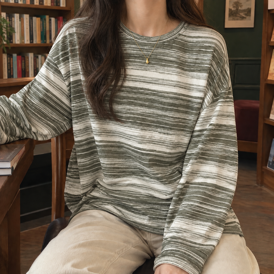 Melanie-Elise Relaxed Stripe Top - Green Stripes
