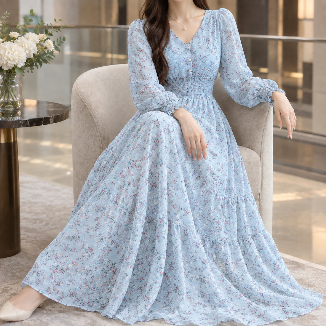 Joanna-Kate Smocked Maxi Dress - Light Blue