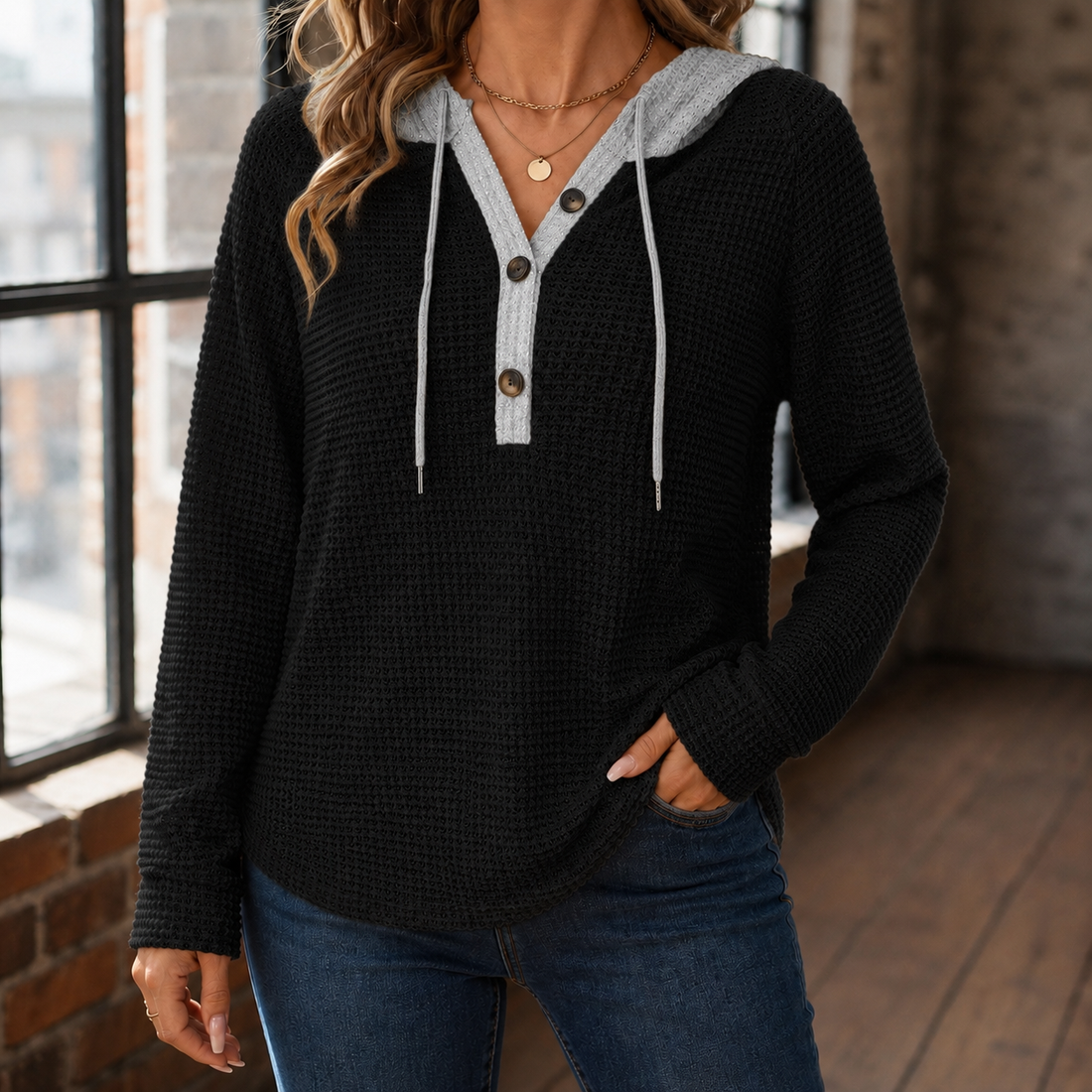 Honora-Rae Waffle Sweater - Black