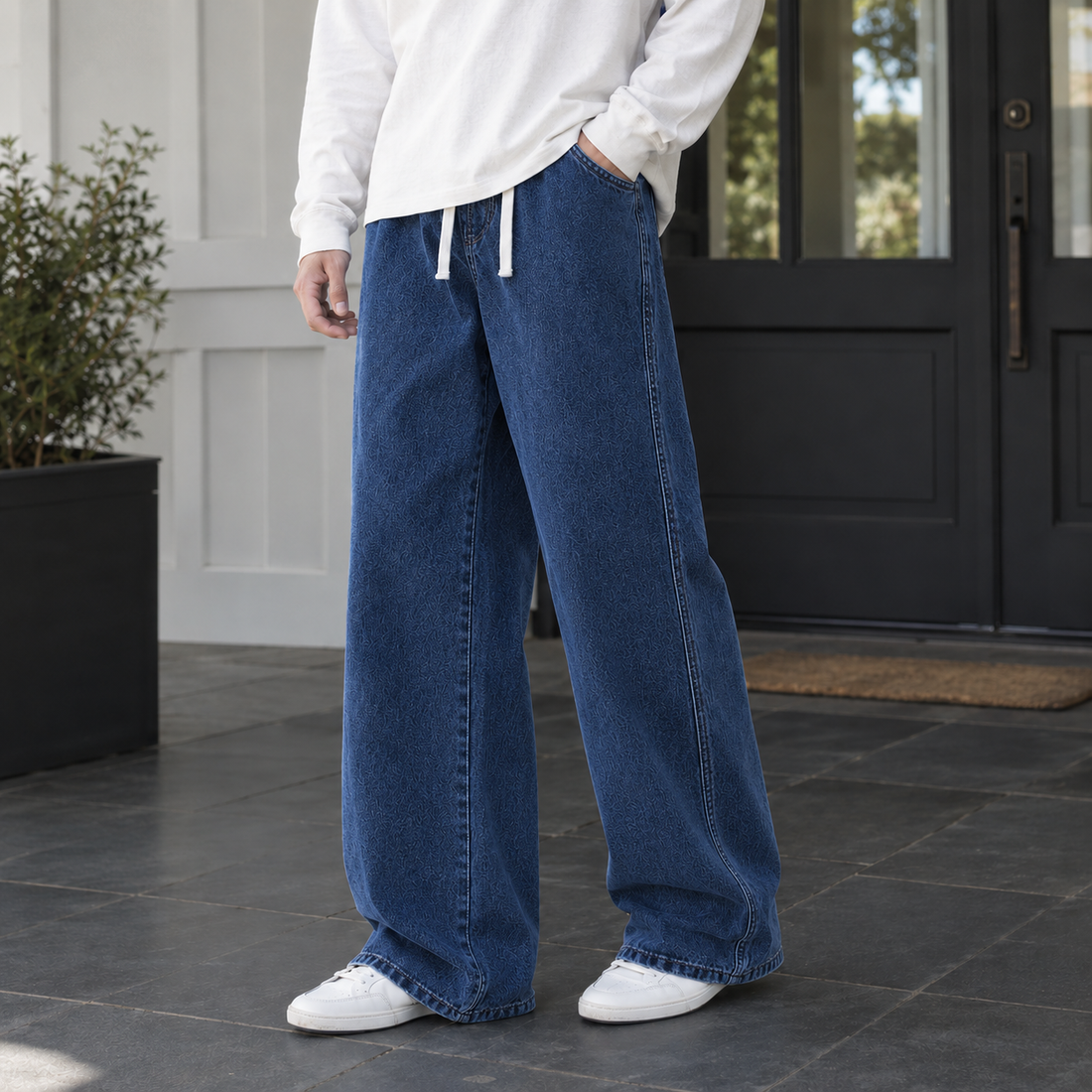 Nicodemus-Stone Wide Leg Pants - Dark Blue